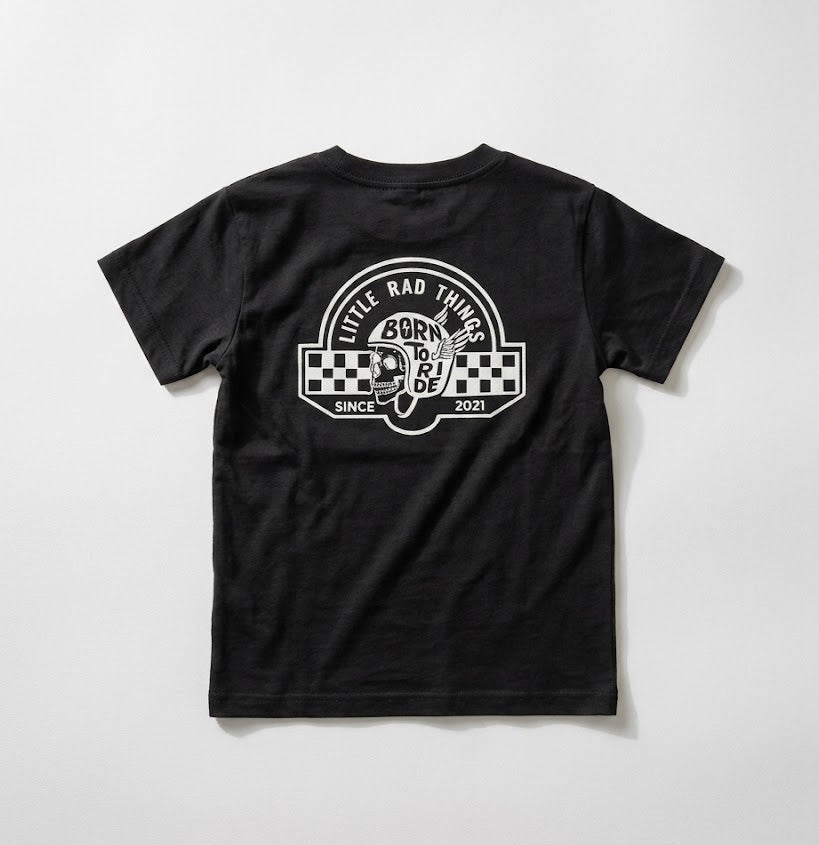 Black t-shirt with white graphic design on a white background