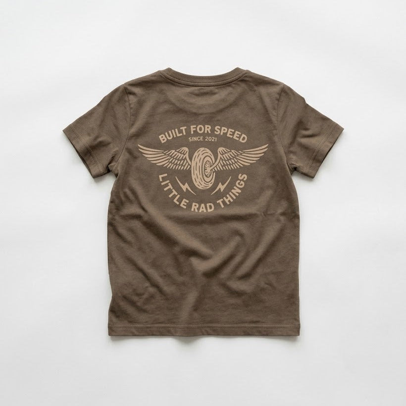 Brown t-shirt with graphic design on a white background