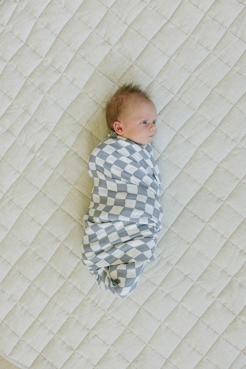 Dusty Blue Wavy Checkered Muslin Swaddle Blanket - LITTLE RAD THINGS