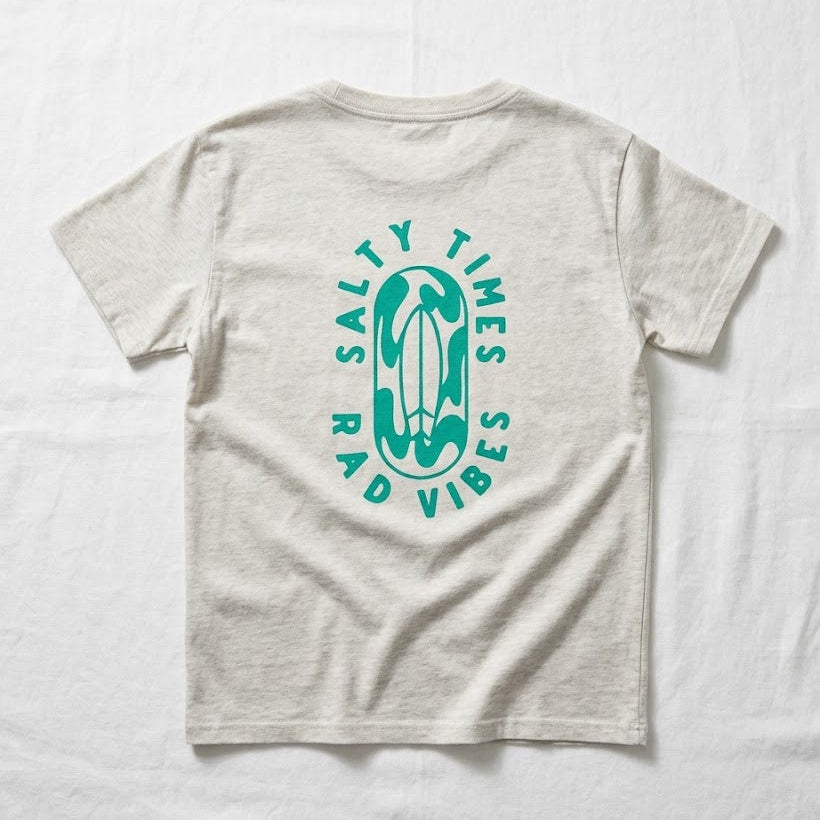 Gray t-shirt with teal graphic and text on a white background