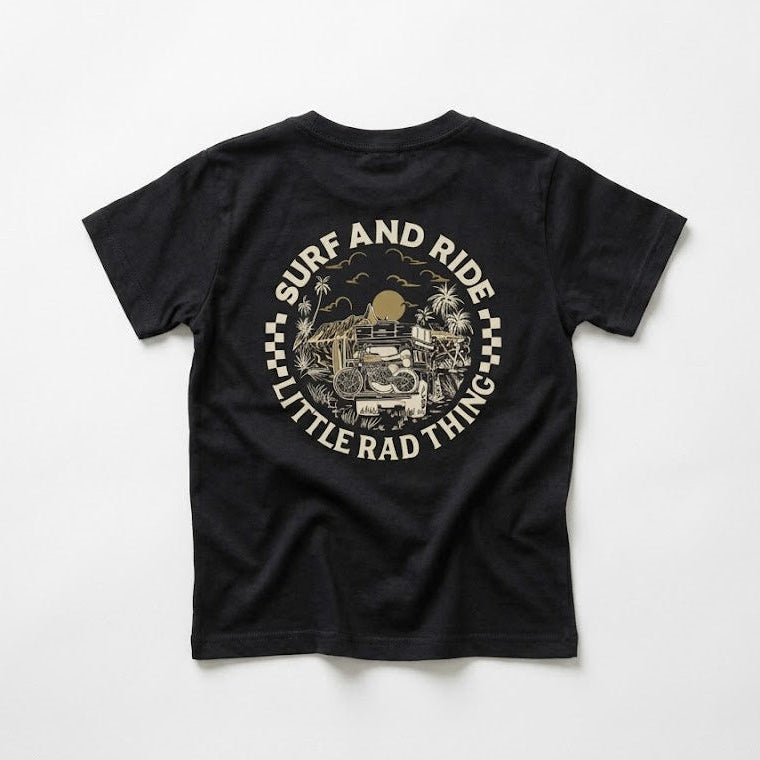 Black t-shirt with graphic design and text on a white background