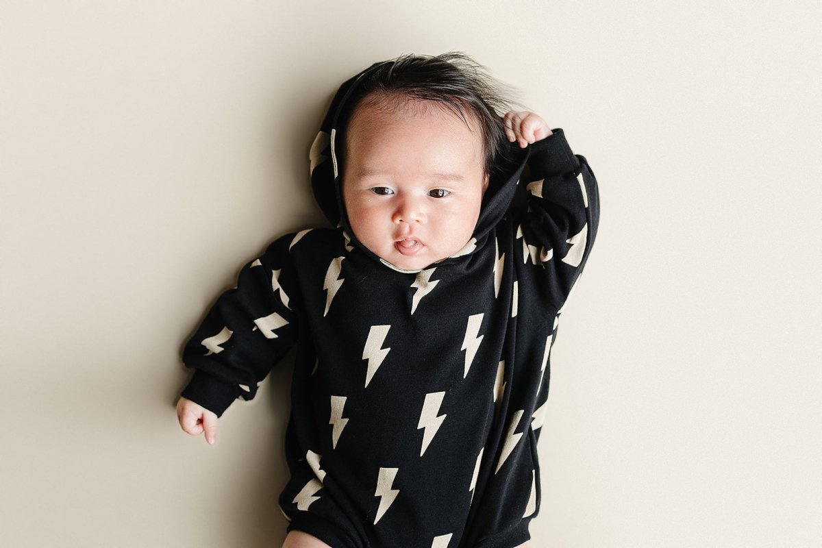 Hooded Bubble Romper | Black Bolts - LITTLE RAD THINGS
