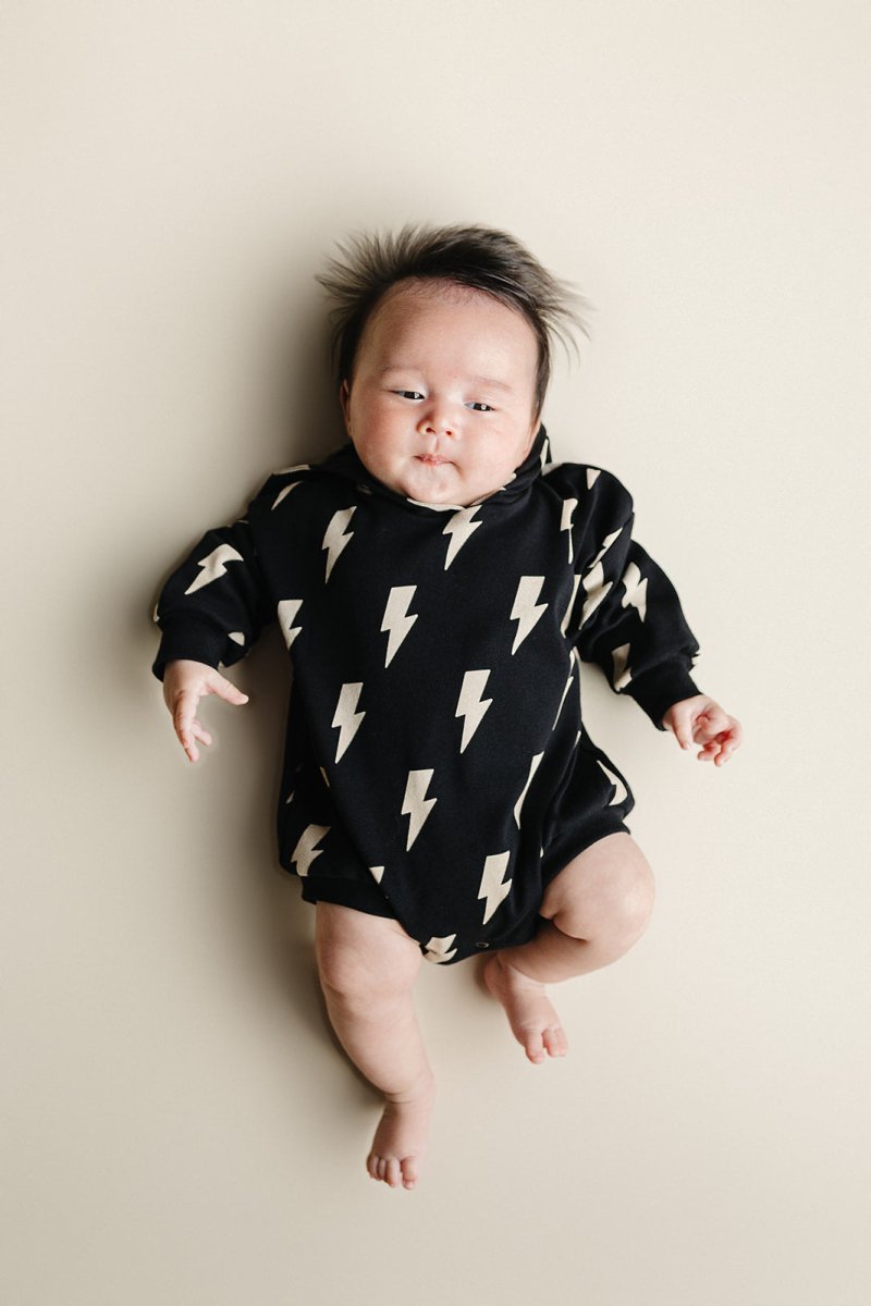 Hooded Bubble Romper | Black Bolts - LITTLE RAD THINGS