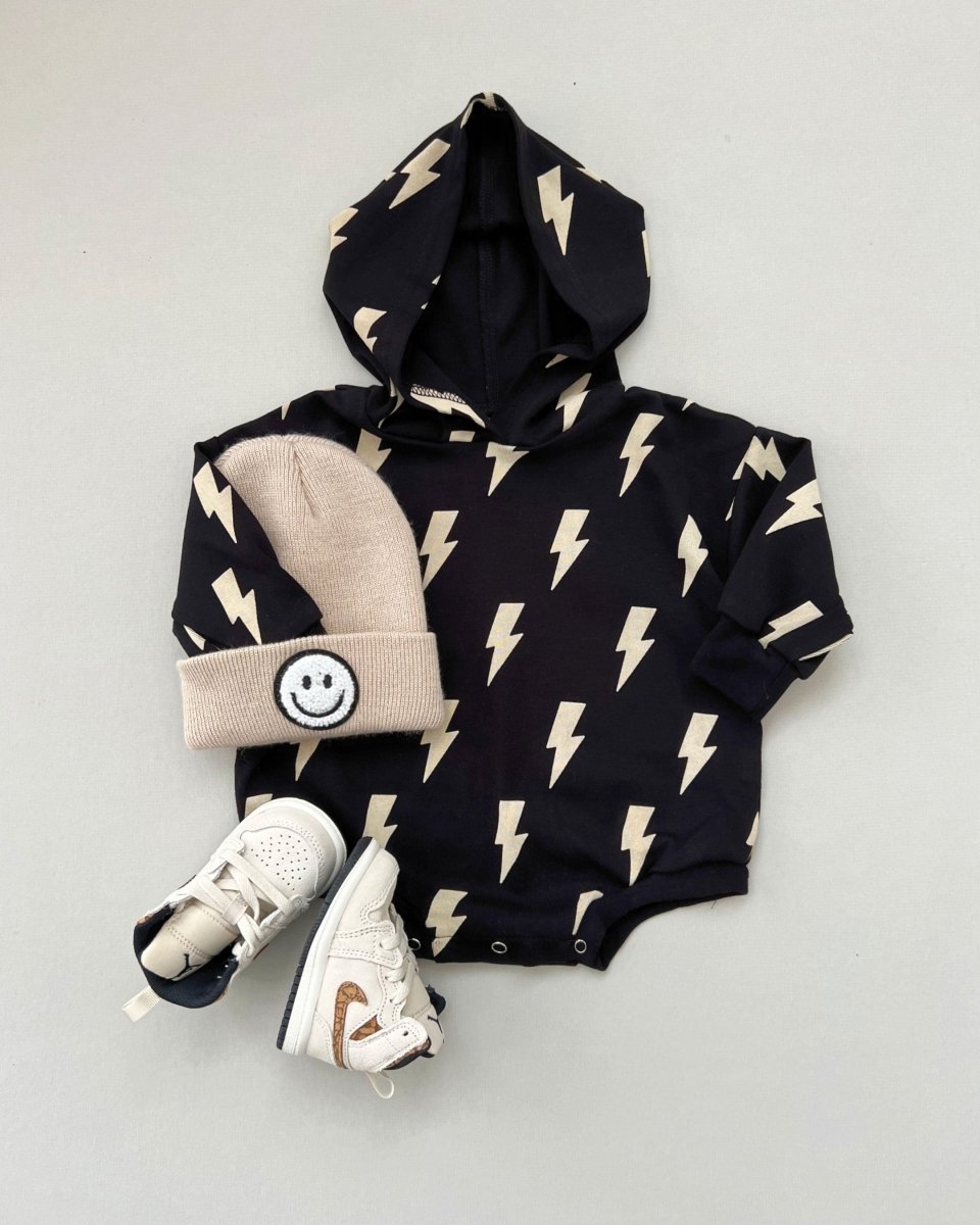 Hooded Bubble Romper | Black Bolts - LITTLE RAD THINGS