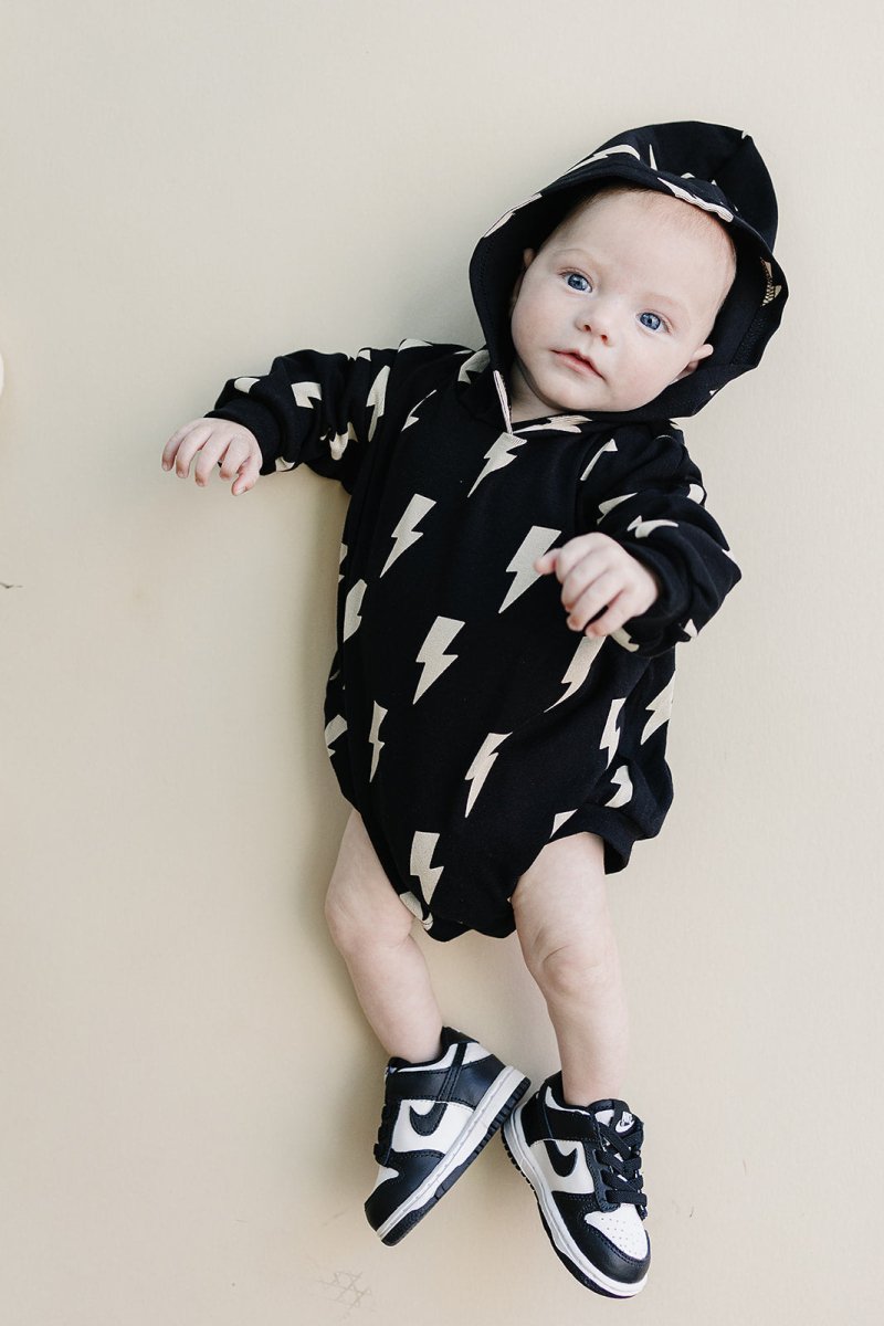 Hooded Bubble Romper | Black Bolts - LITTLE RAD THINGS