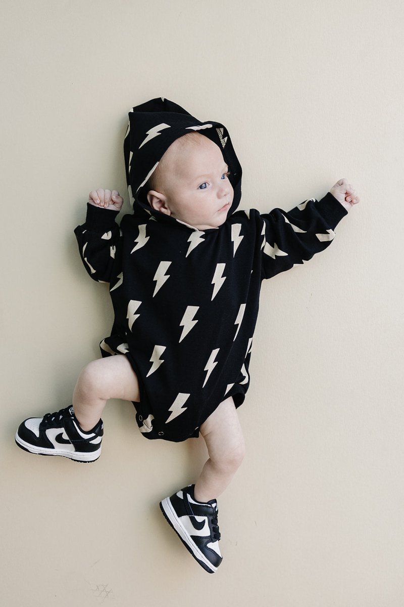 Hooded Bubble Romper | Black Bolts - LITTLE RAD THINGS