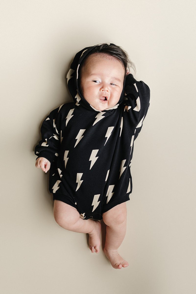 Hooded Bubble Romper | Black Bolts - LITTLE RAD THINGS