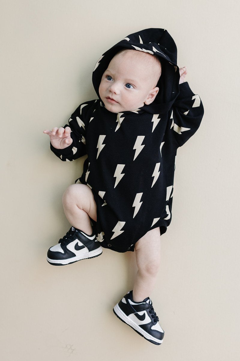 Hooded Bubble Romper | Black Bolts - LITTLE RAD THINGS