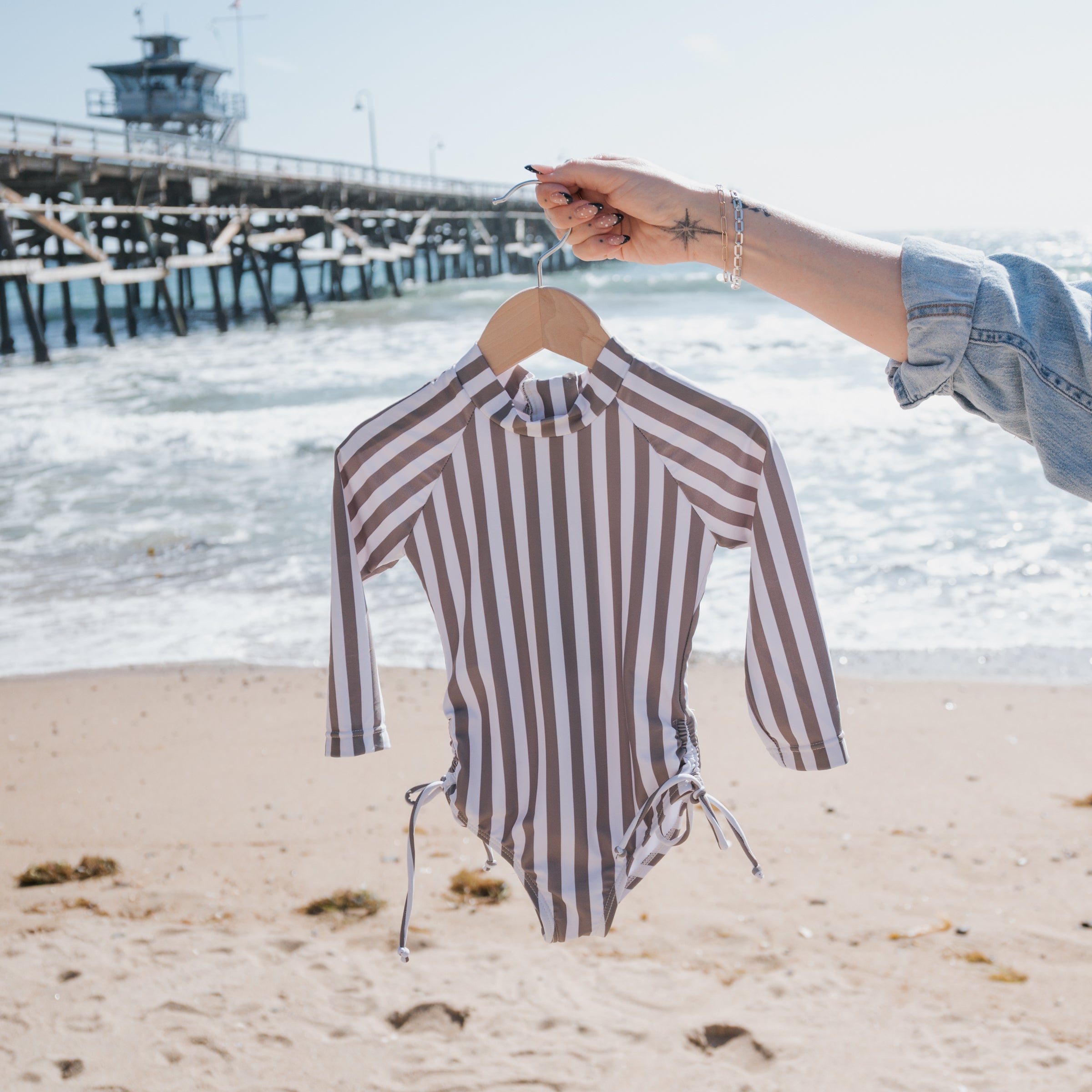 Girl's Long Sleeve Swimsuit | Olive Stripe