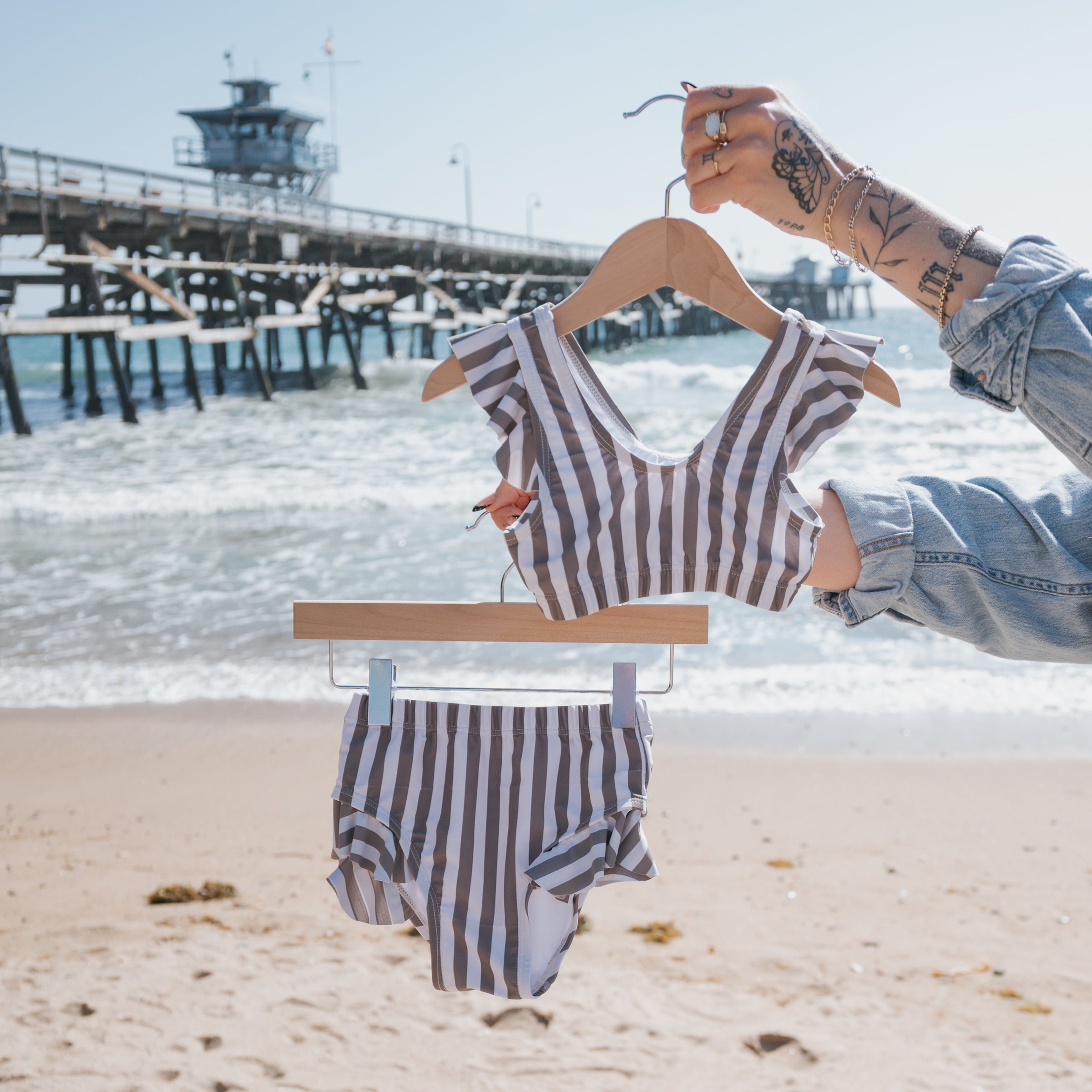 Girl's Two Piece Swimsuit | Olive Stripe