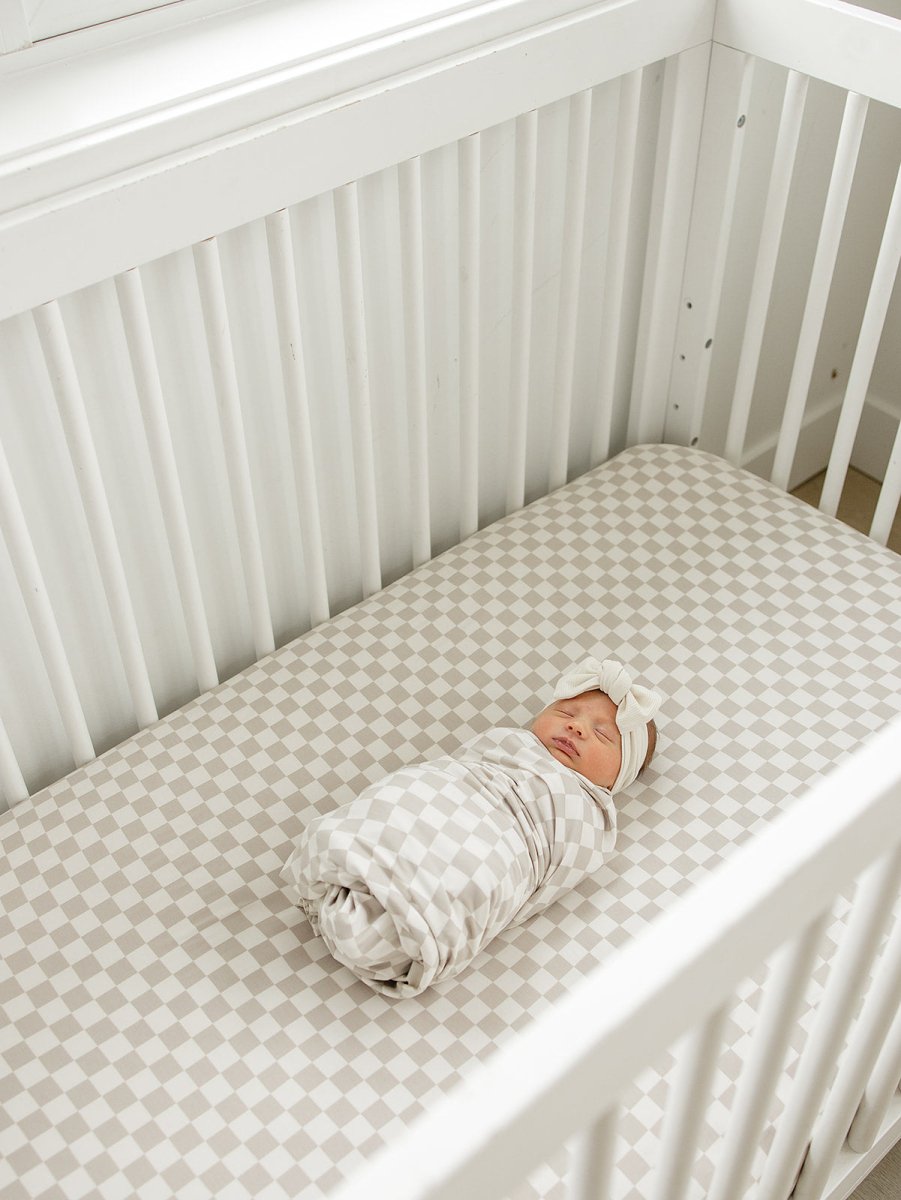 Taupe Checkered Bamboo Stretch Crib Sheet - LITTLE RAD THINGS