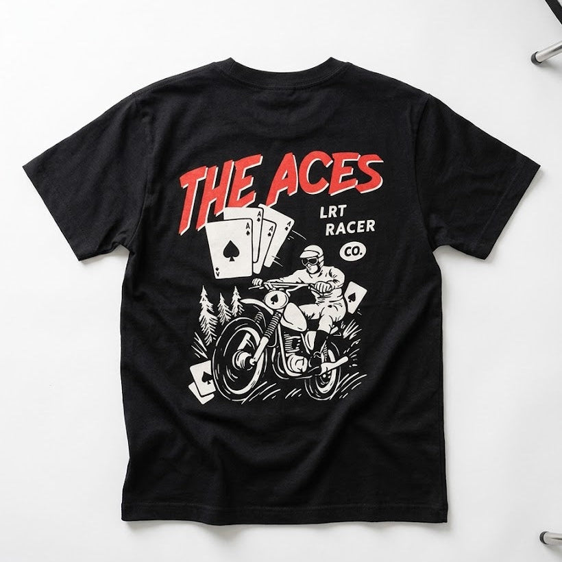 Black t-shirt with graphic design and text 'The Aces LRT Racer Co' on a white background