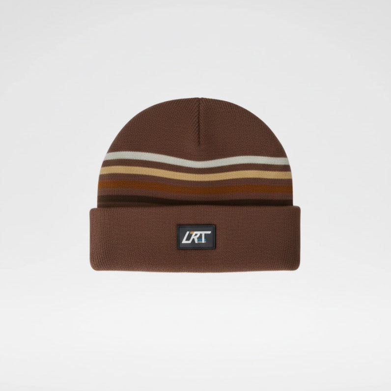 Brown beanie with striped pattern and LRT logo on a white background