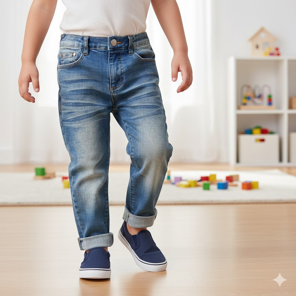 Child wearing blue jeans and navy slip-on shoes in a room with toys on the floor.