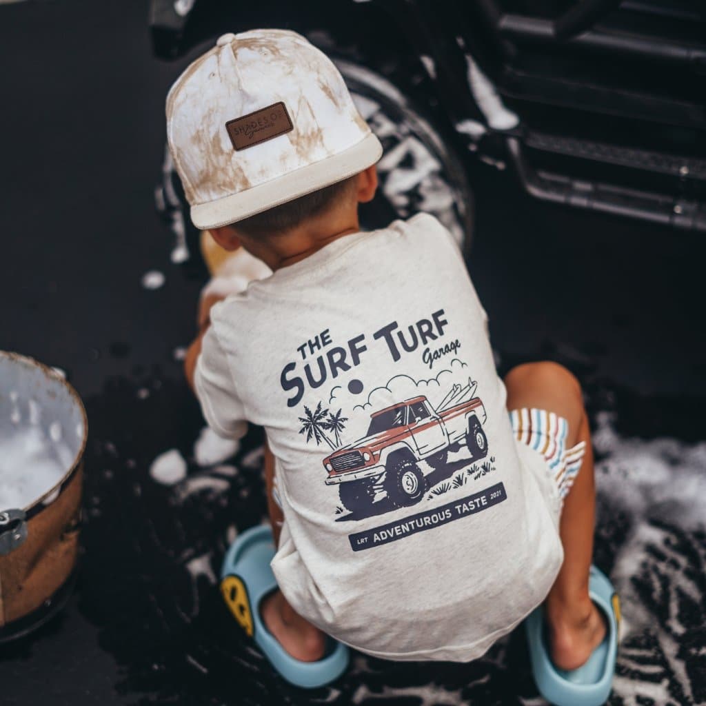 Vintage-inspired surf turf tee for boys, eco-friendly and durable
