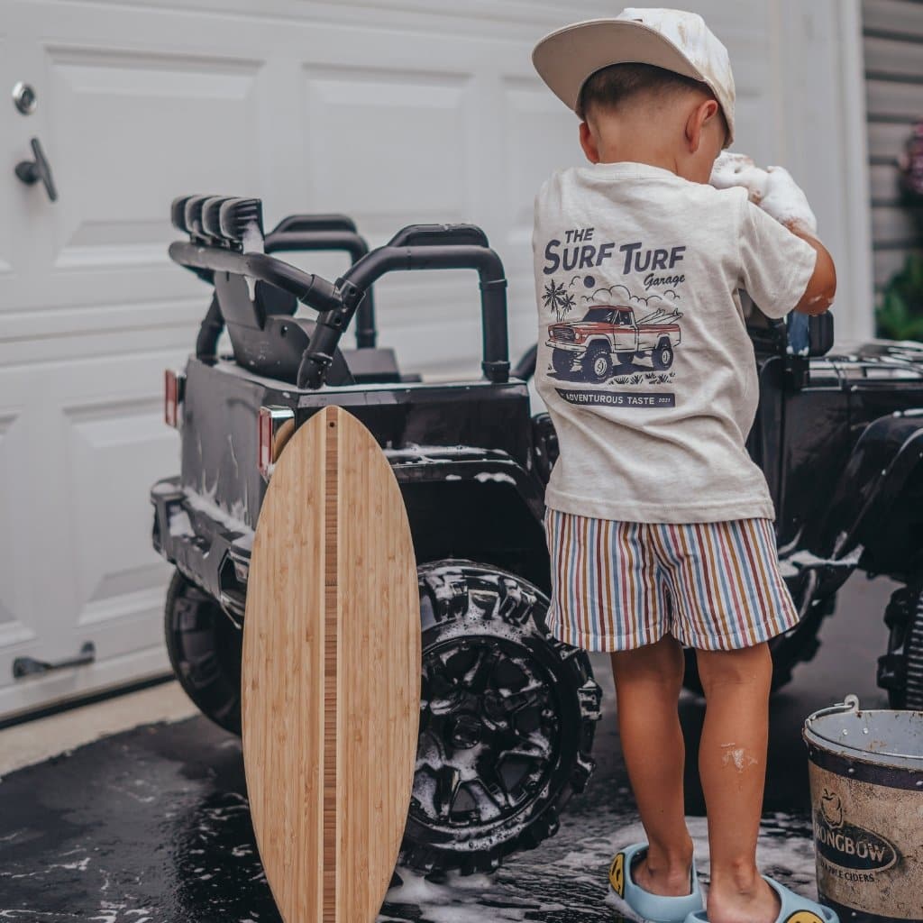 Vintage-inspired surf turf tee for boys, eco-friendly and durable