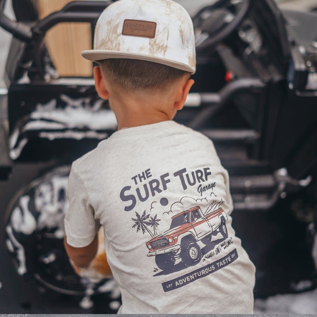 Vintage-inspired surf turf tee for boys, eco-friendly and durable