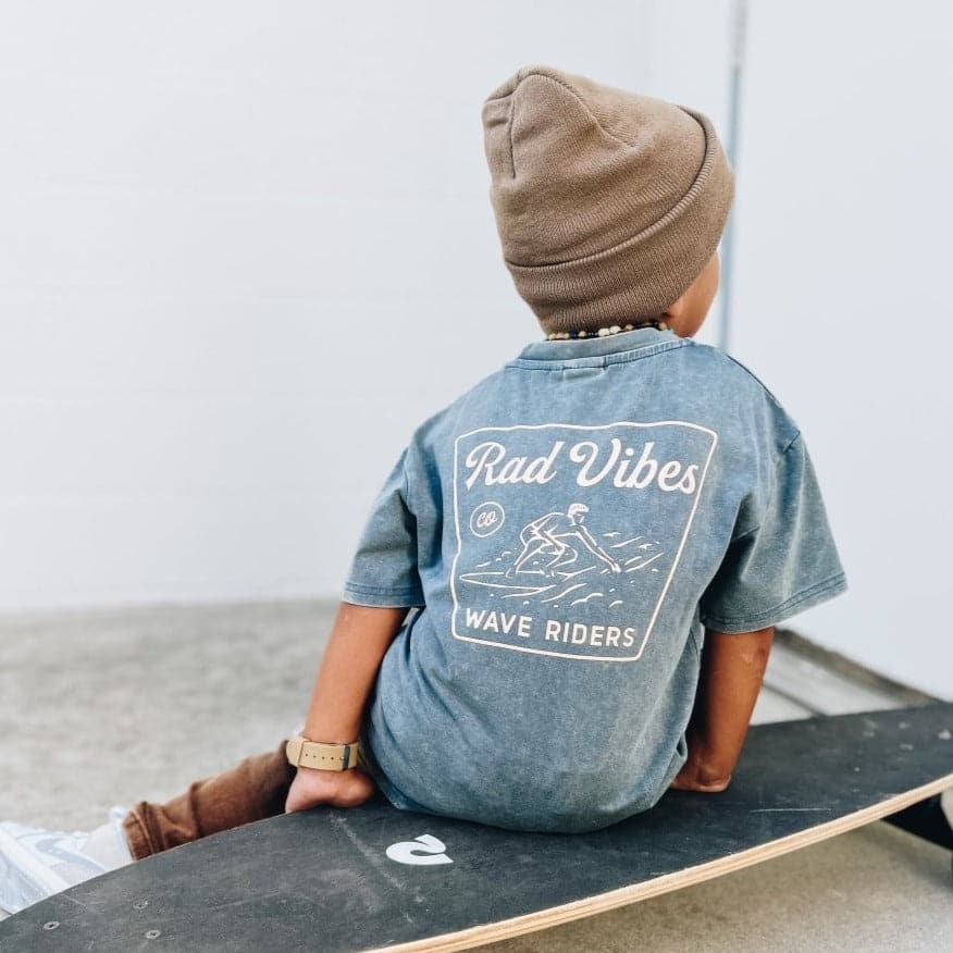 Cool infant toddler kids boys clothes retro inspired kids maverick graphic tee in blue little rad things