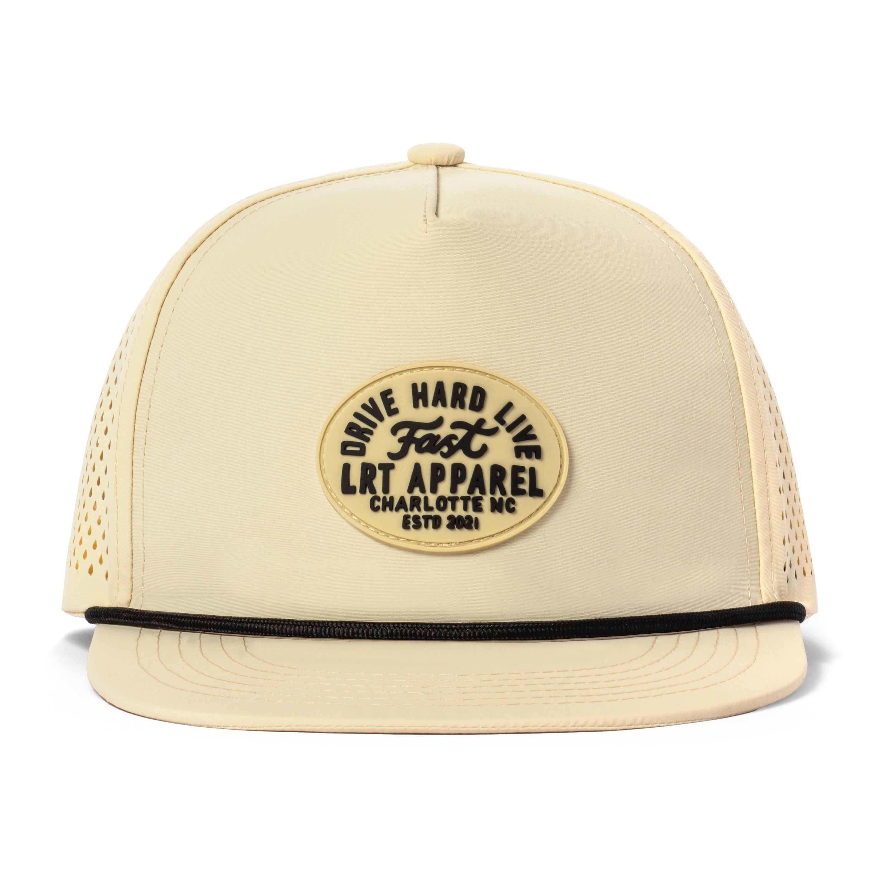 Performance racing-style snapback hat with tear drop ventilation, slightly curved bill, and rubber logo detail, laid flat to highlight technical features