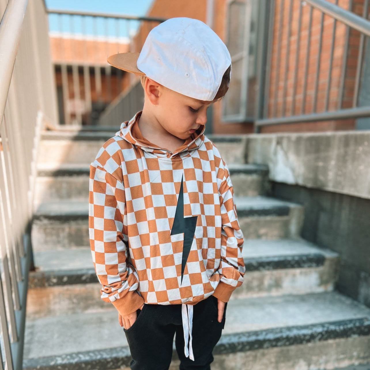 Vintage Inspired Kids Clothes, Little Rad Things, Checkered Spark Hoodie In Rust. Free US Shipping over 100. Little Trouble.