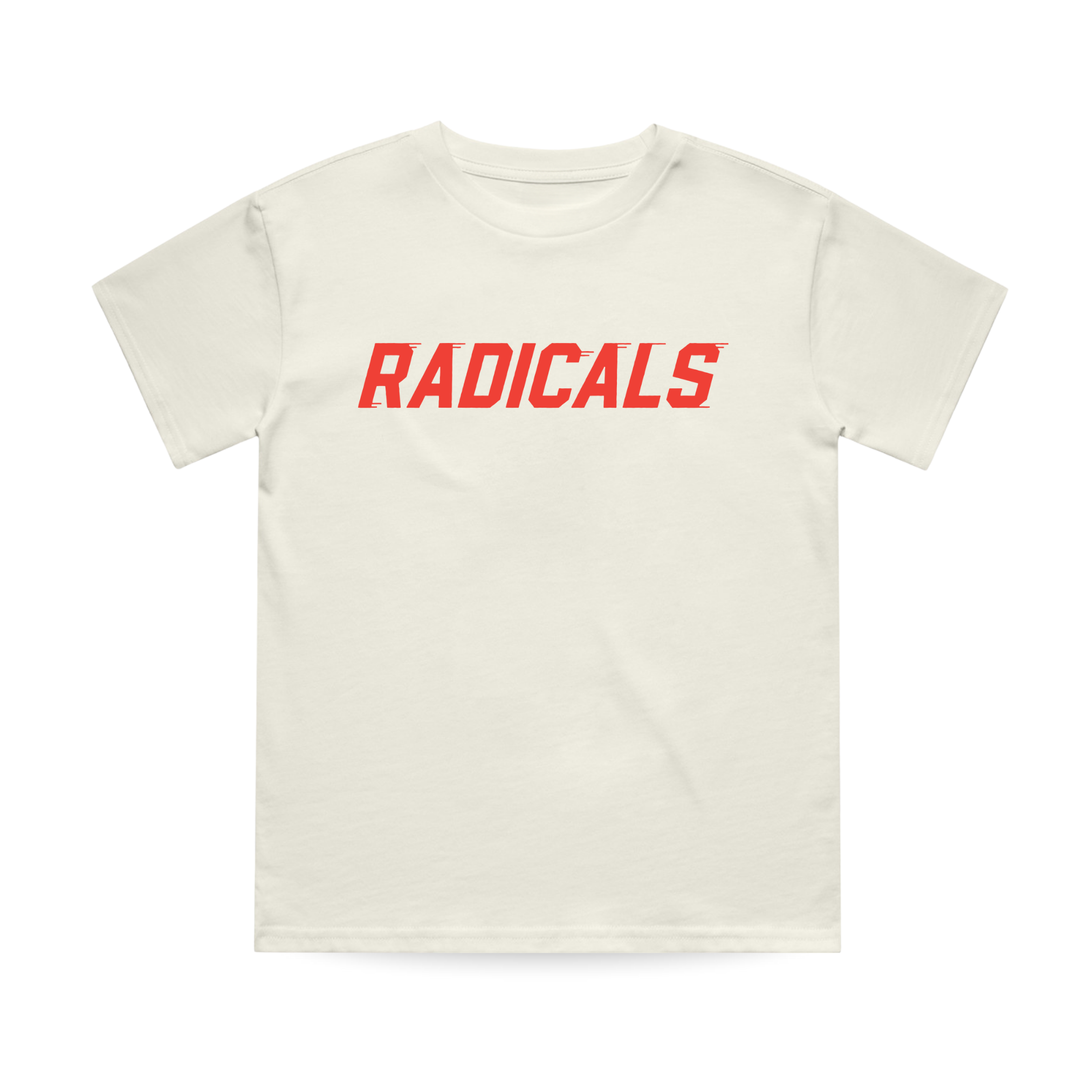 White t-shirt with red 'RADICALS' text on a white background