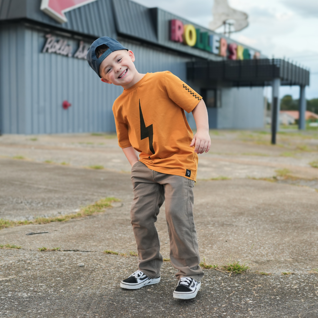 Limited Edition Spark short sleeve racer tee in pumpkin, eco-friendly and retro-inspired for boys