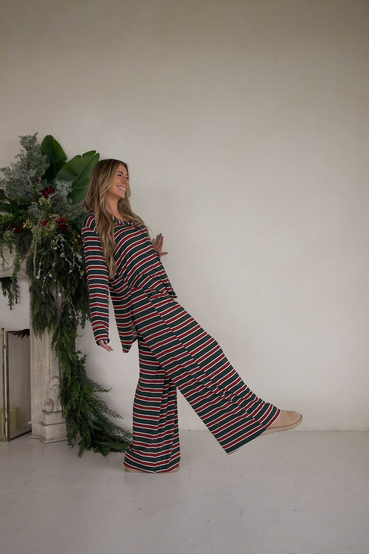 Women's Bamboo Button Up Lounge Set | Holiday Stripe