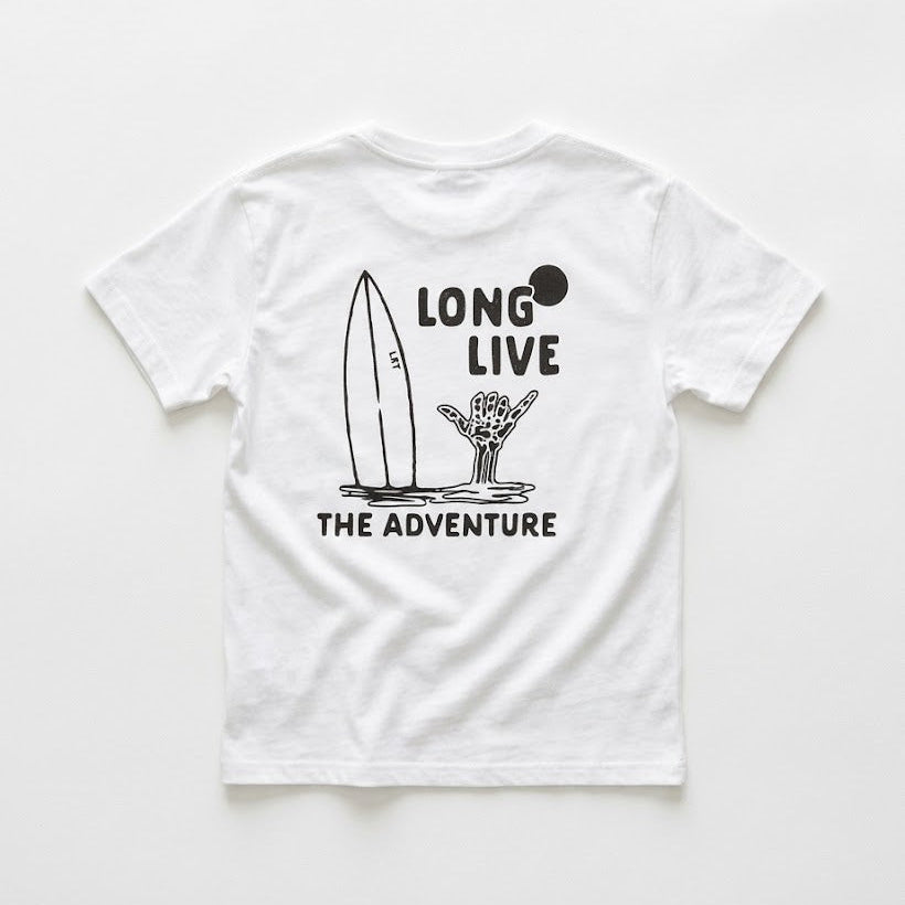 White t-shirt with black graphic design on a white background