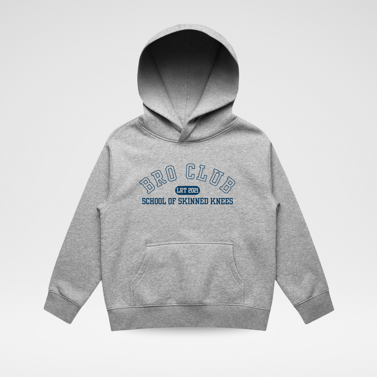 Gray hoodie with blue text on a white background