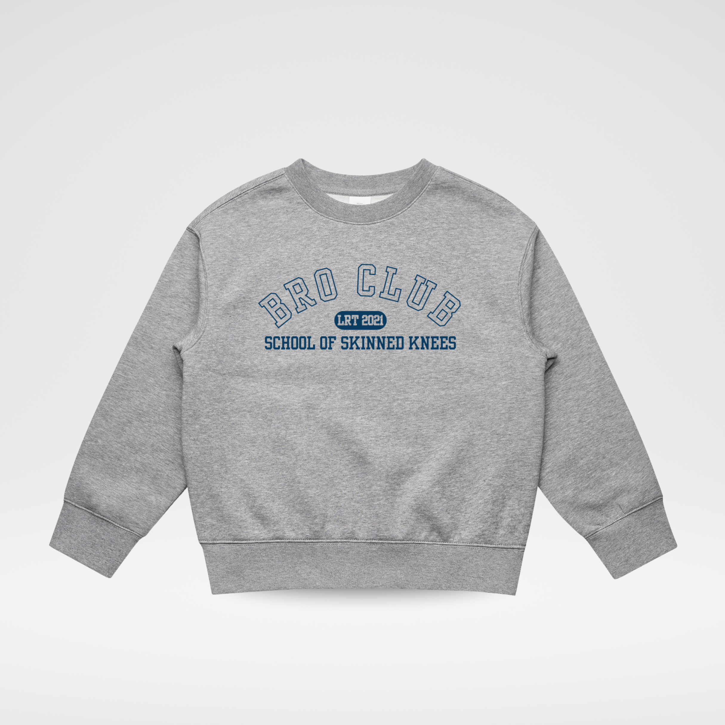 Gray sweatshirt with 'Bro Club' text on a white background