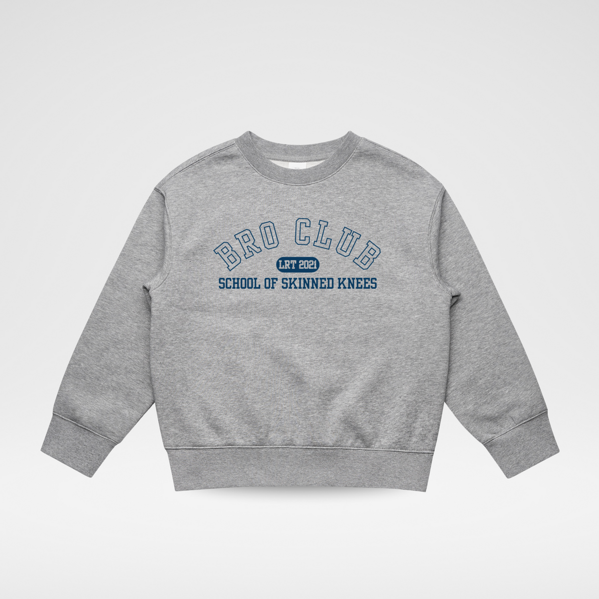 Gray sweatshirt with 'Bro Club' text on a white background