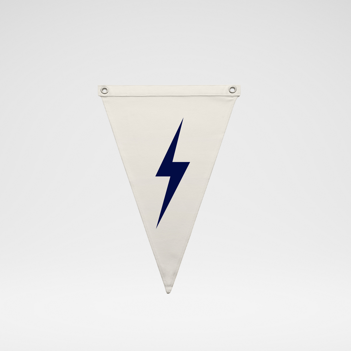 A white triangular pennant banner with a dark blue lightning bolt printed in the center, shown against a light gray gradient background.