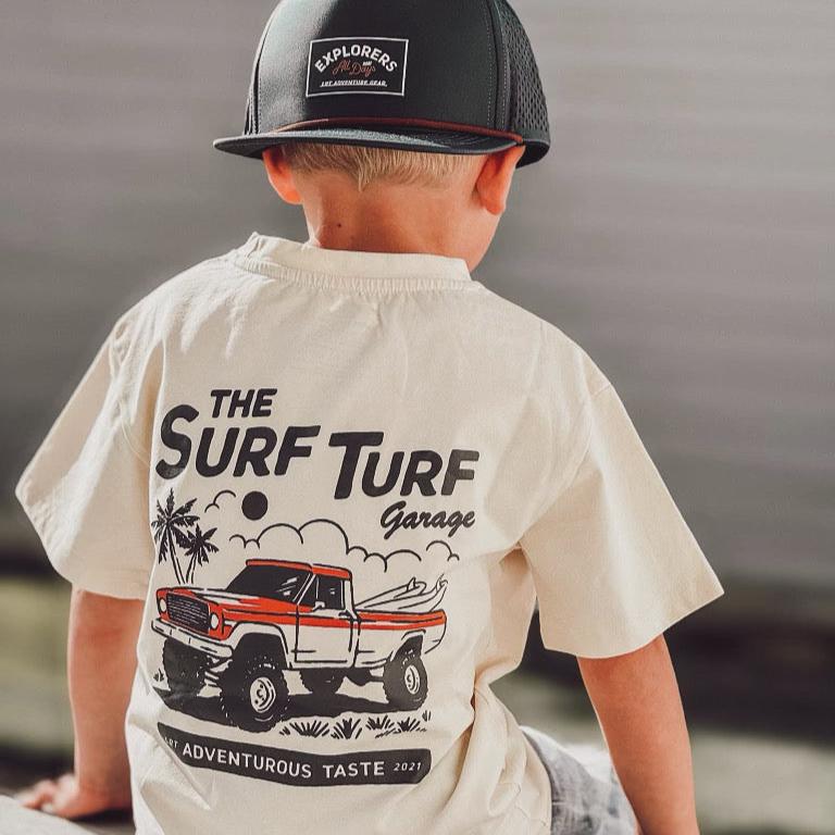 Vintage-inspired surf turf tee for boys, eco-friendly and durable