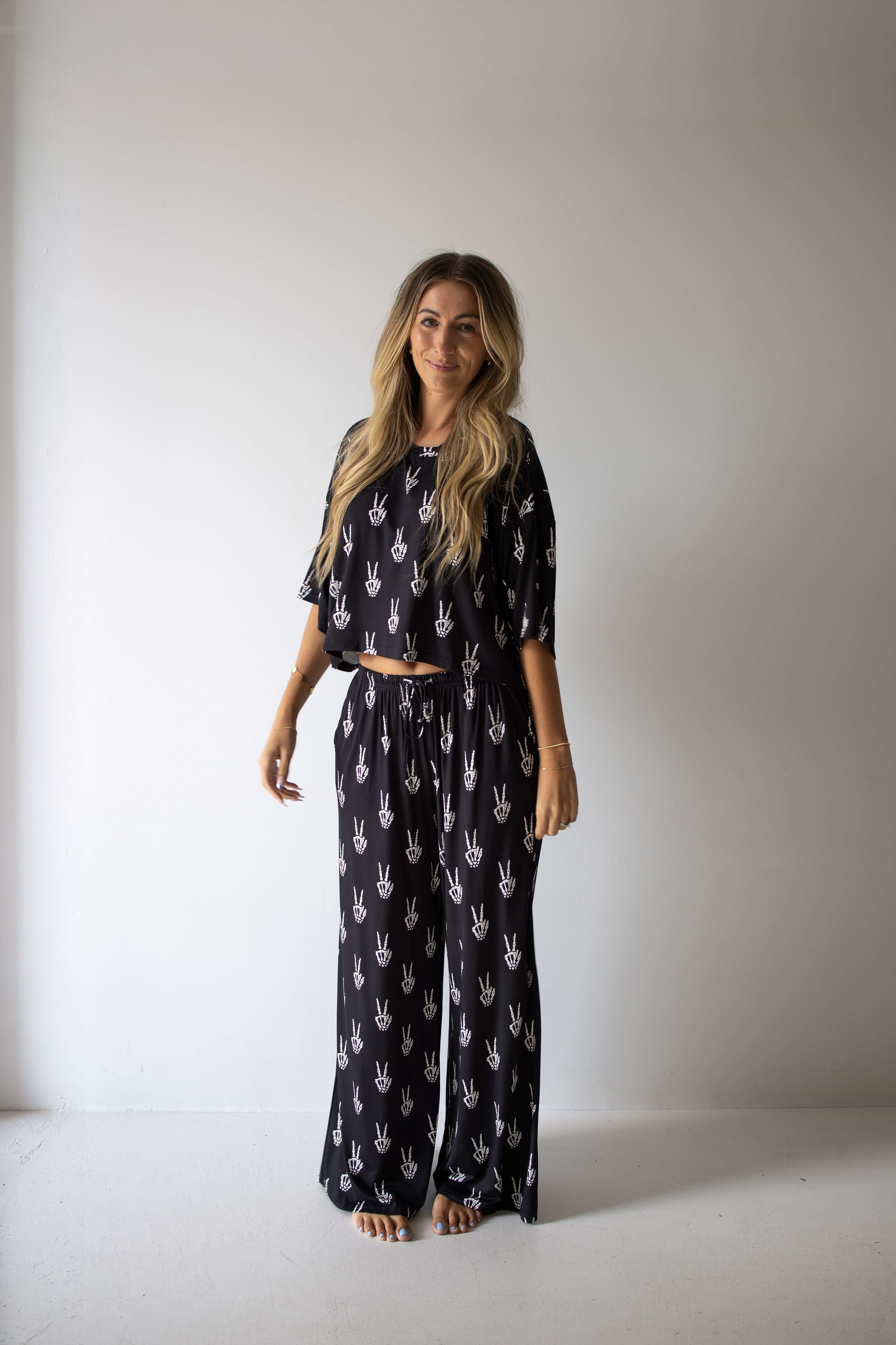 PRE- ORDER ships October 9th |Women's Bamboo Crop Tee Lounge Set | Midnight Skelly