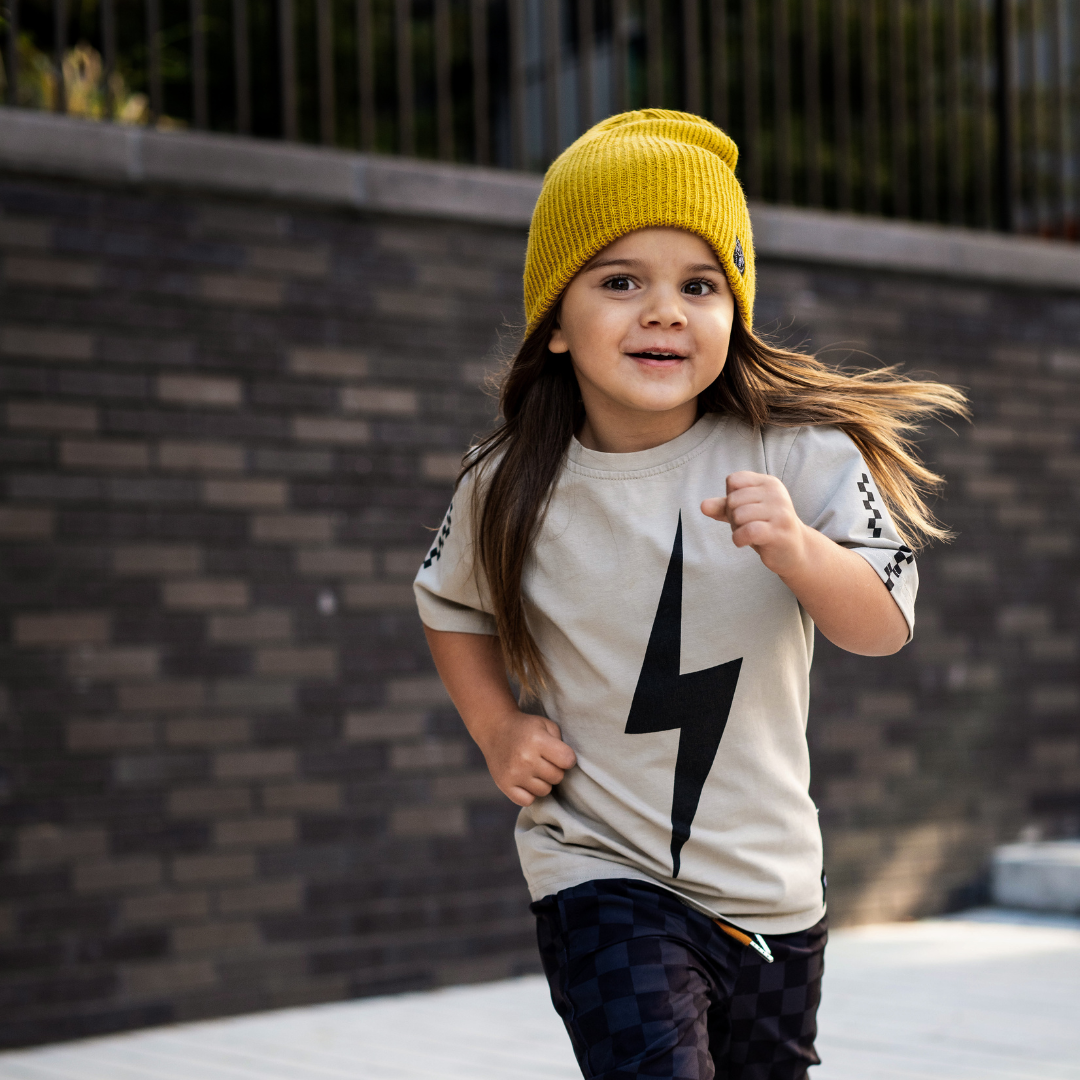 Limited Edition Spark short sleeve racer tee in vintage gray, eco-friendly and retro-inspired for kids