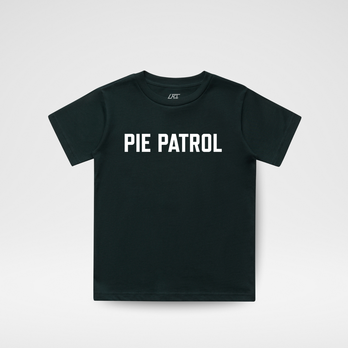 A black short-sleeve crewneck t-shirt with 'PIE PATROL' printed in bold white capital letters across the chest, displayed flat against a light gray background.