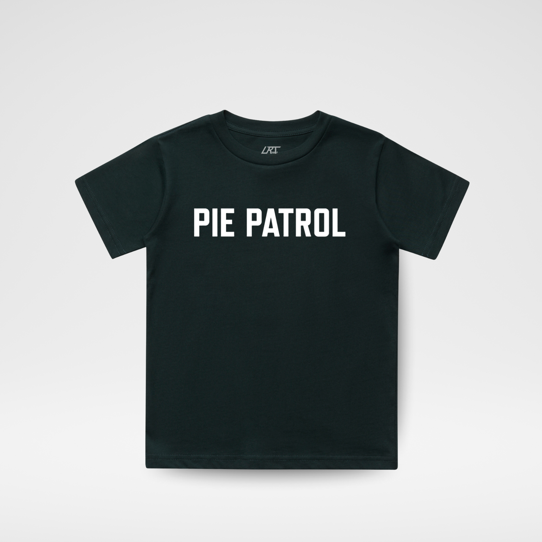A black short-sleeve crewneck t-shirt with 'PIE PATROL' printed in bold white capital letters across the chest, displayed flat against a light gray background.