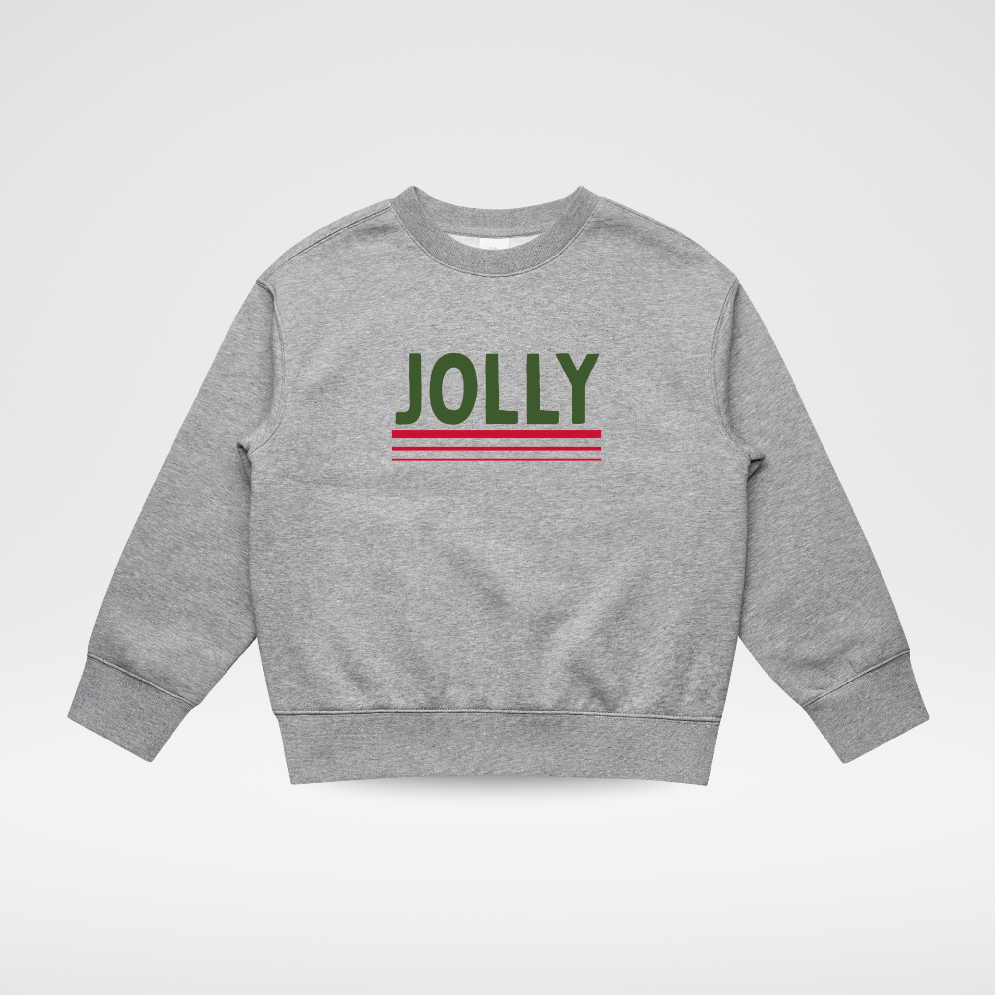 A heather gray crewneck sweatshirt featuring the word 'JOLLY' printed across the chest in dark green, with two horizontal red stripes underneath, displayed on a light gray gradient background.