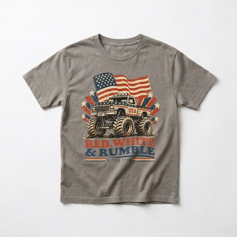 Gray t-shirt with a graphic of a monster truck and American flag on a white background