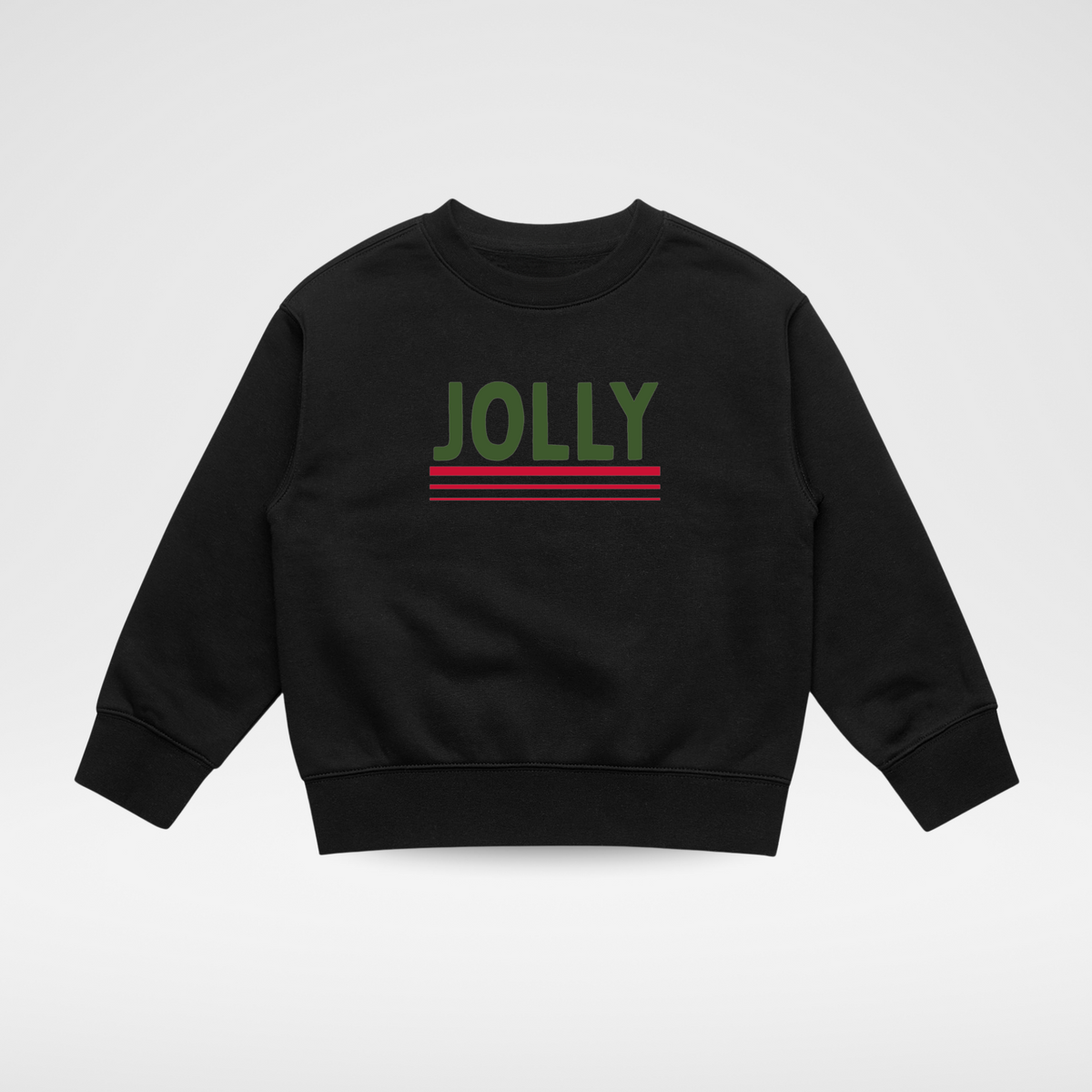 A black crewneck sweatshirt featuring the word 'JOLLY' printed in green across the chest, with two horizontal red stripes underneath, displayed on a light gray background.