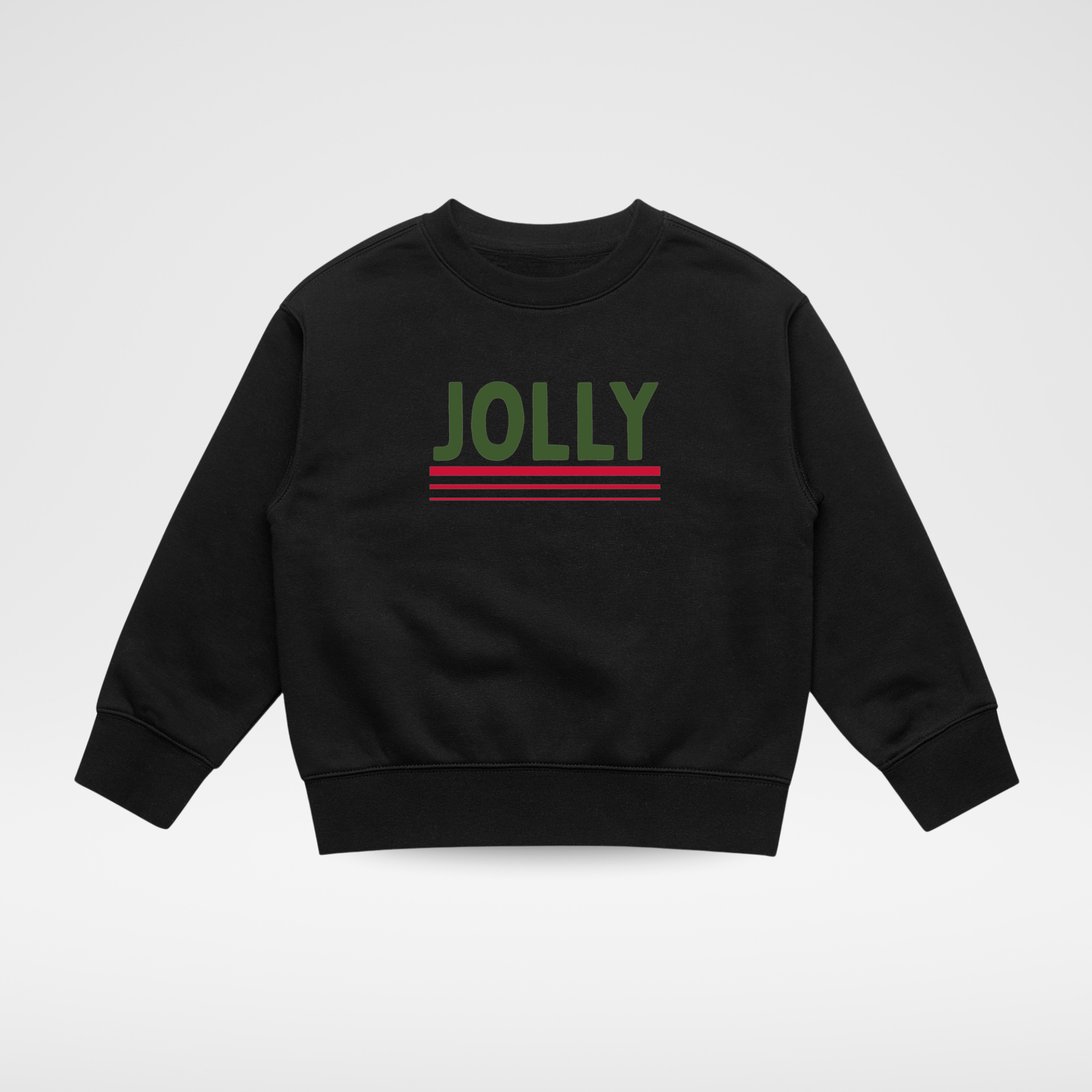 A black crewneck sweatshirt featuring the word 'JOLLY' printed in green across the chest, with two horizontal red stripes underneath, displayed on a light gray background.