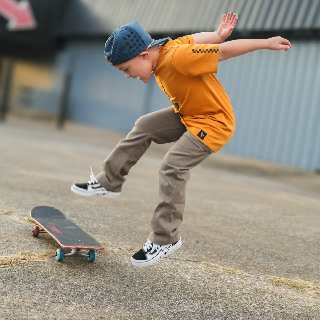 Limited Edition Spark short sleeve racer tee in pumpkin, eco-friendly and retro-inspired for boys