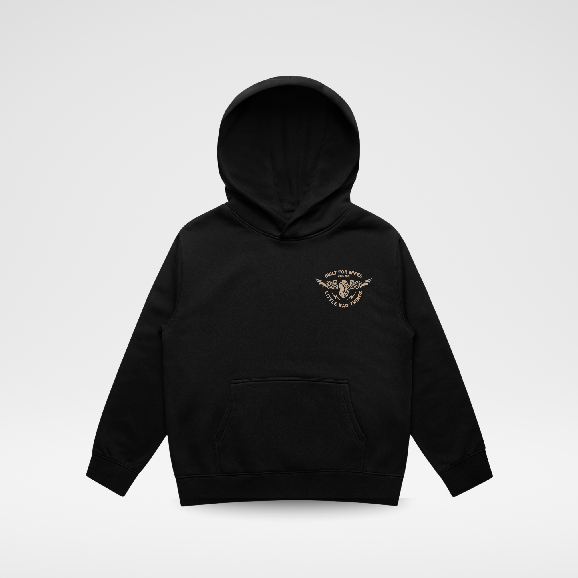 Black hoodie with a logo on the chest against a white background