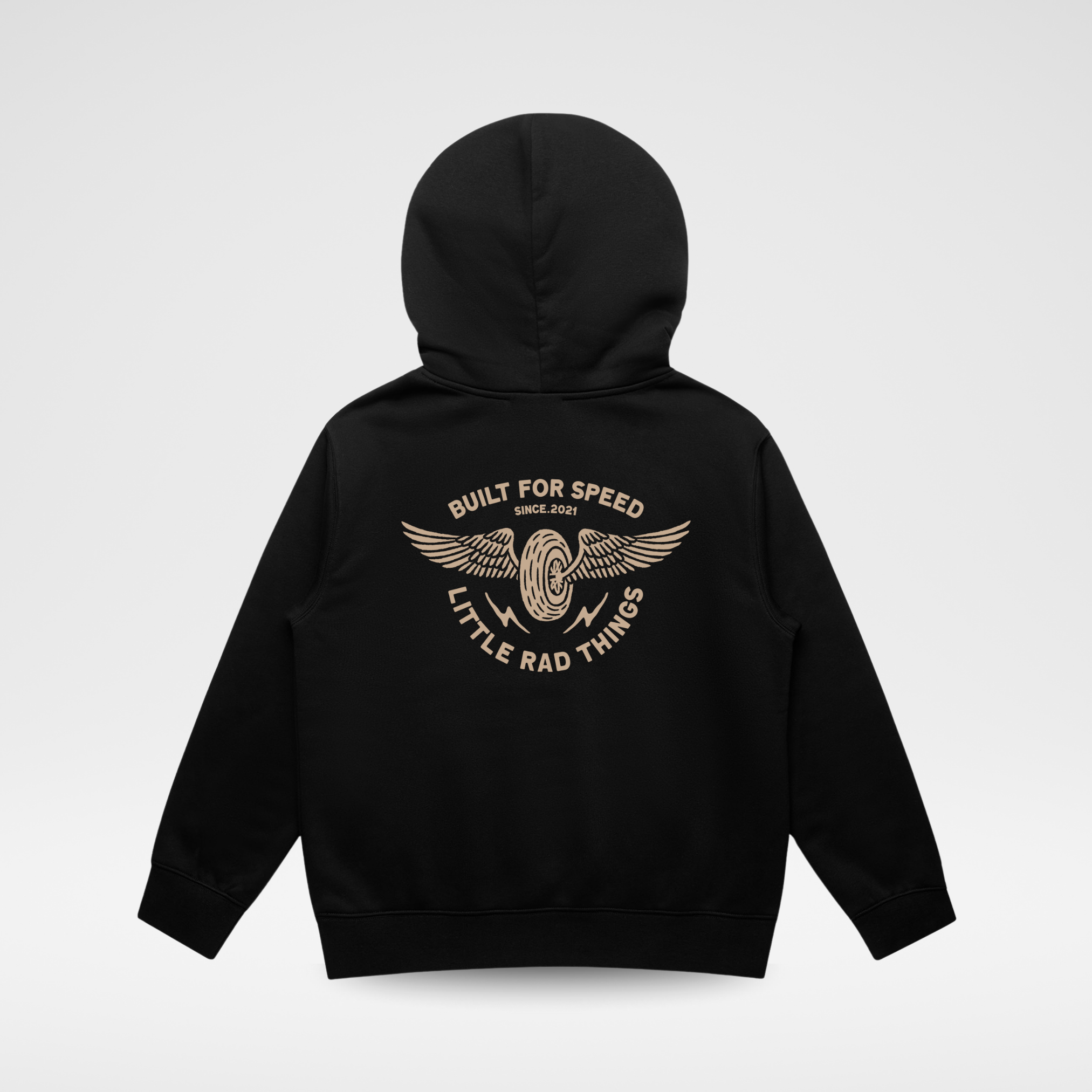 Black hoodie with a logo and text on the back against a light gray background