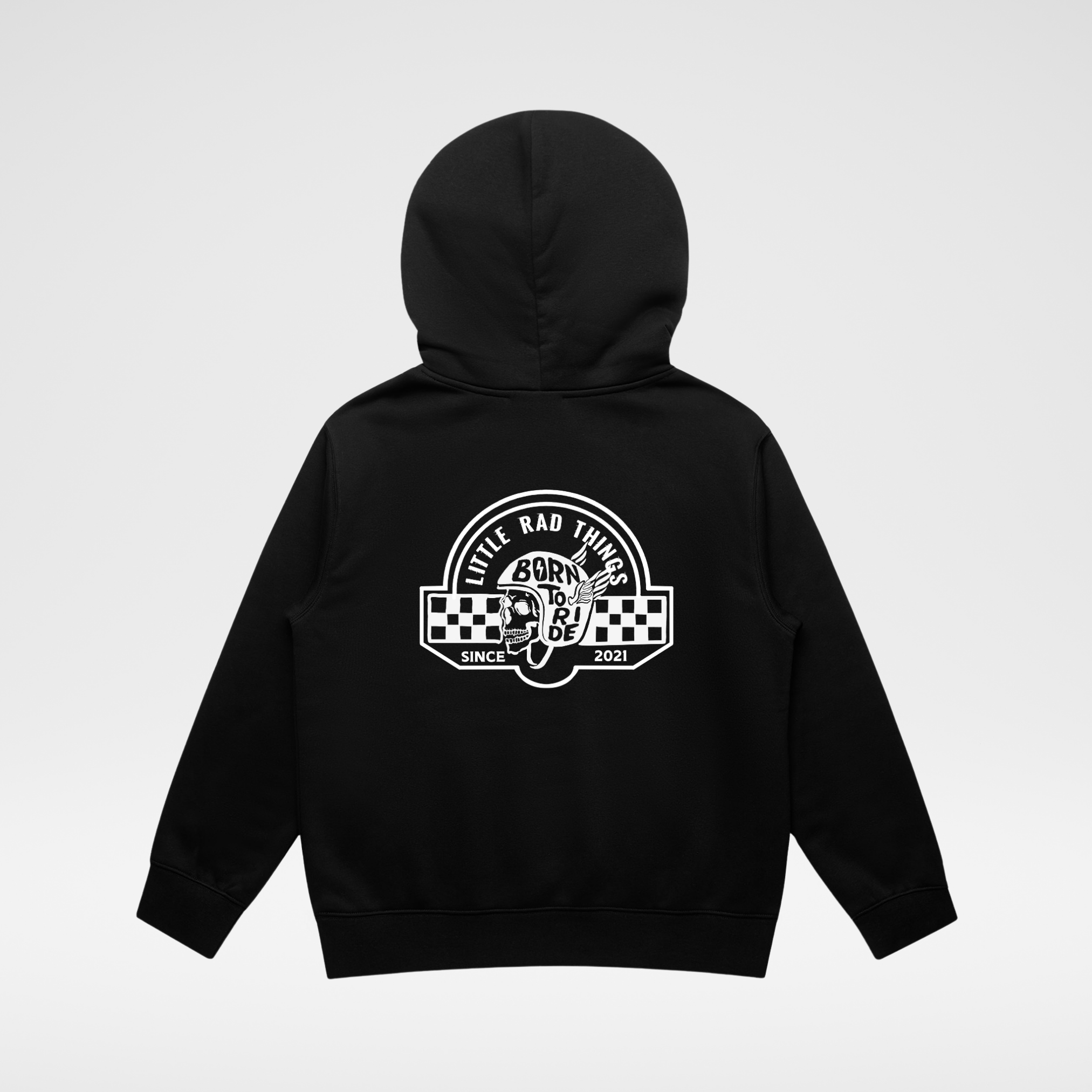 Black hoodie with a logo on the back against a light gray background