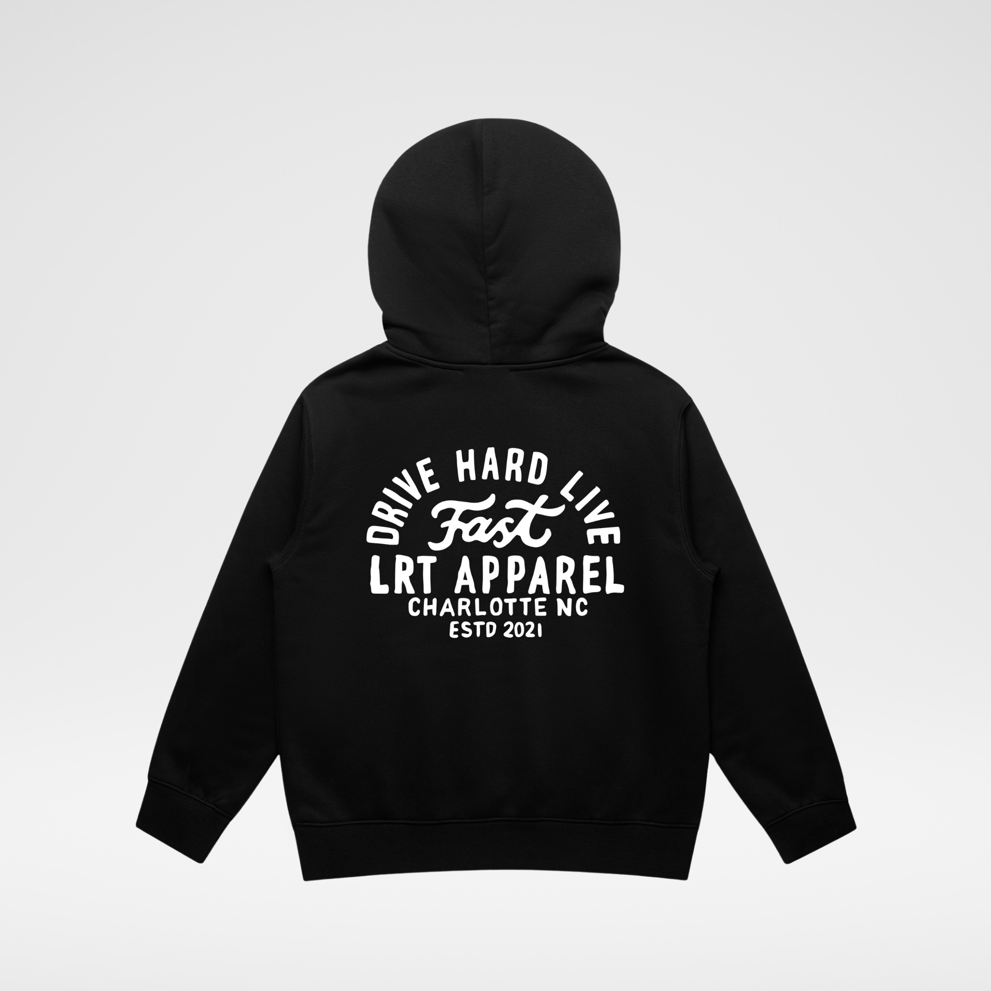 Black hoodie with white text on the back on a light gray background