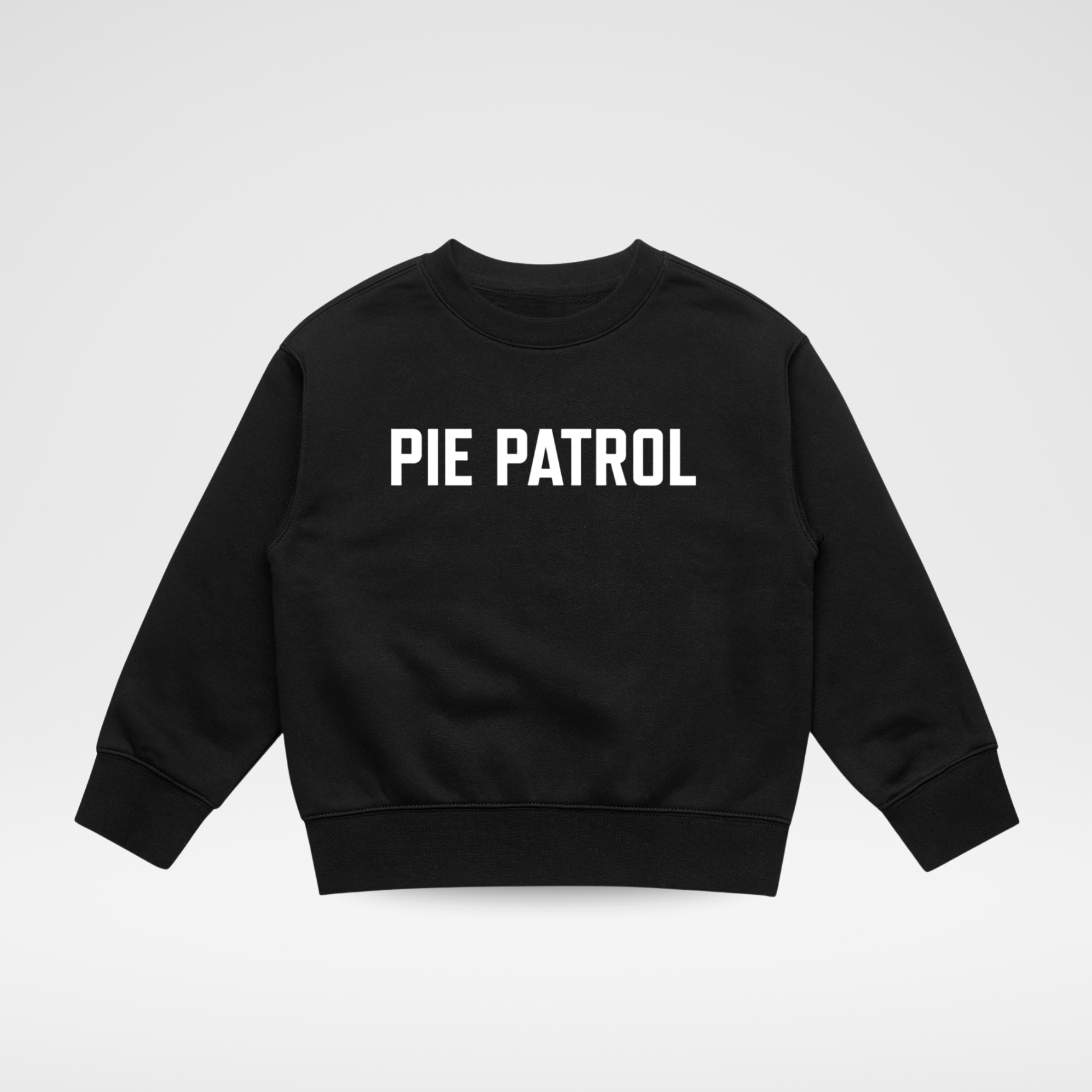 A black crewneck sweatshirt with 'PIE PATROL' printed in bold white capital letters across the chest, displayed flat against a light gray background.