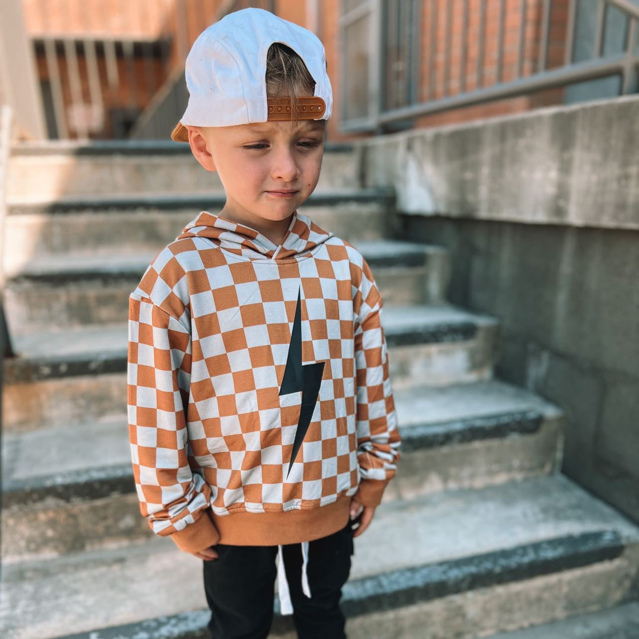 Vintage Inspired Kids Clothes, Little Rad Things, Checkered Spark Hoodie In Rust. Free US Shipping over 100. Little Trouble.