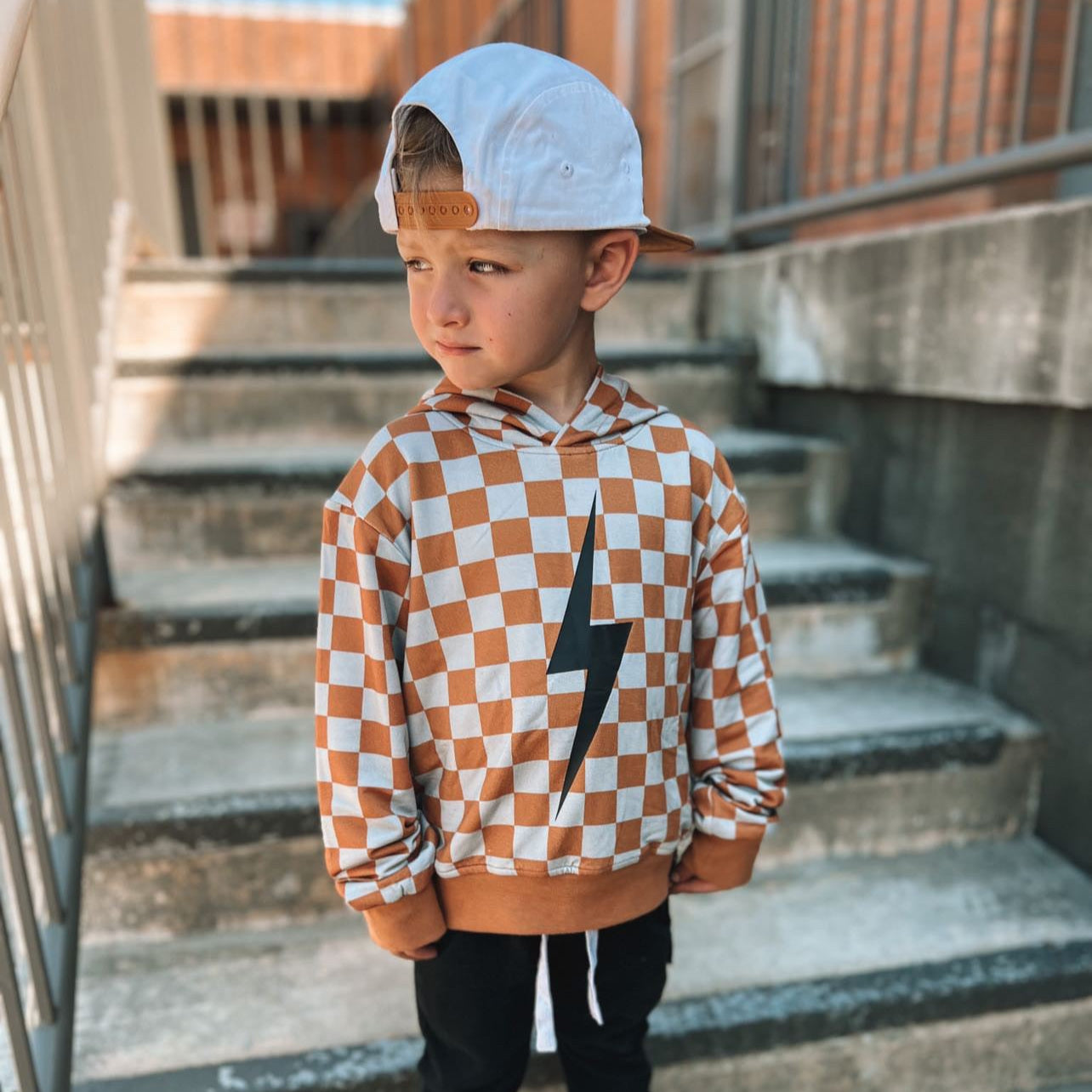 Vintage Inspired Kids Clothes, Little Rad Things, Checkered Spark Hoodie In Rust. Free US Shipping over 100.