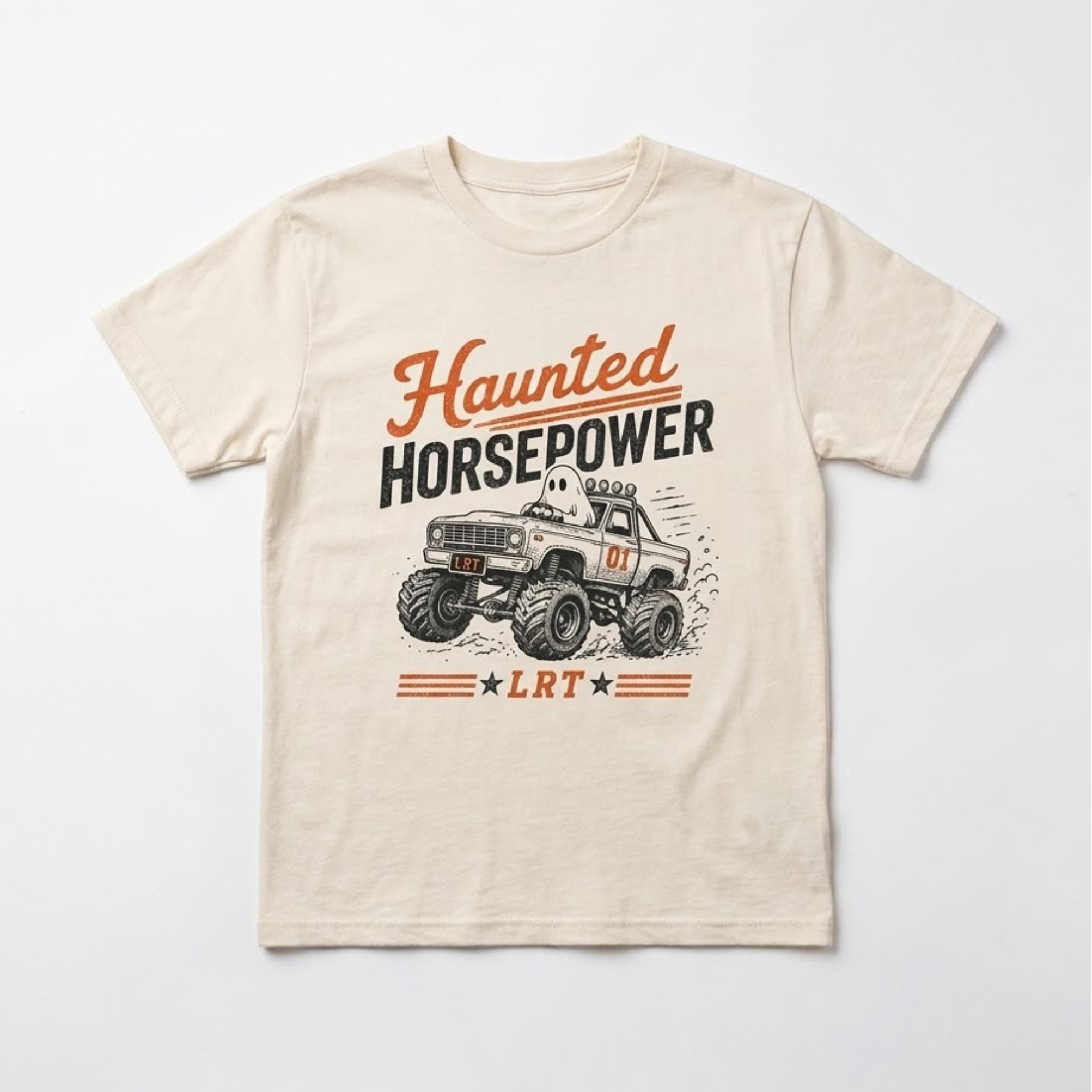A cream-colored short-sleeve t-shirt with a vintage graphic of a monster truck and the text 'Haunted Horsepower' and 'LRT' on the front, displayed flat against a light gray background.